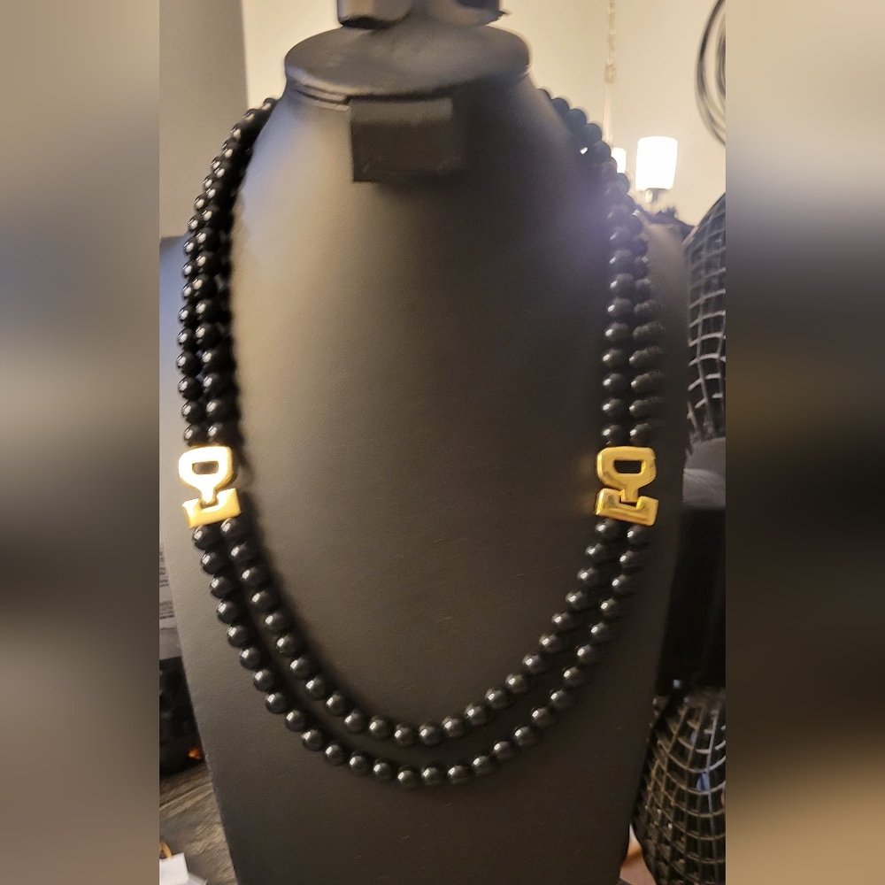 Black Beaded Double-Strand Necklace with Gold Accents